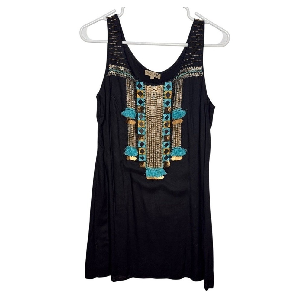 Wayan Tank Top dress Women Medium Black Excellent Boho Tassel Beaded‎ Sequin Bib